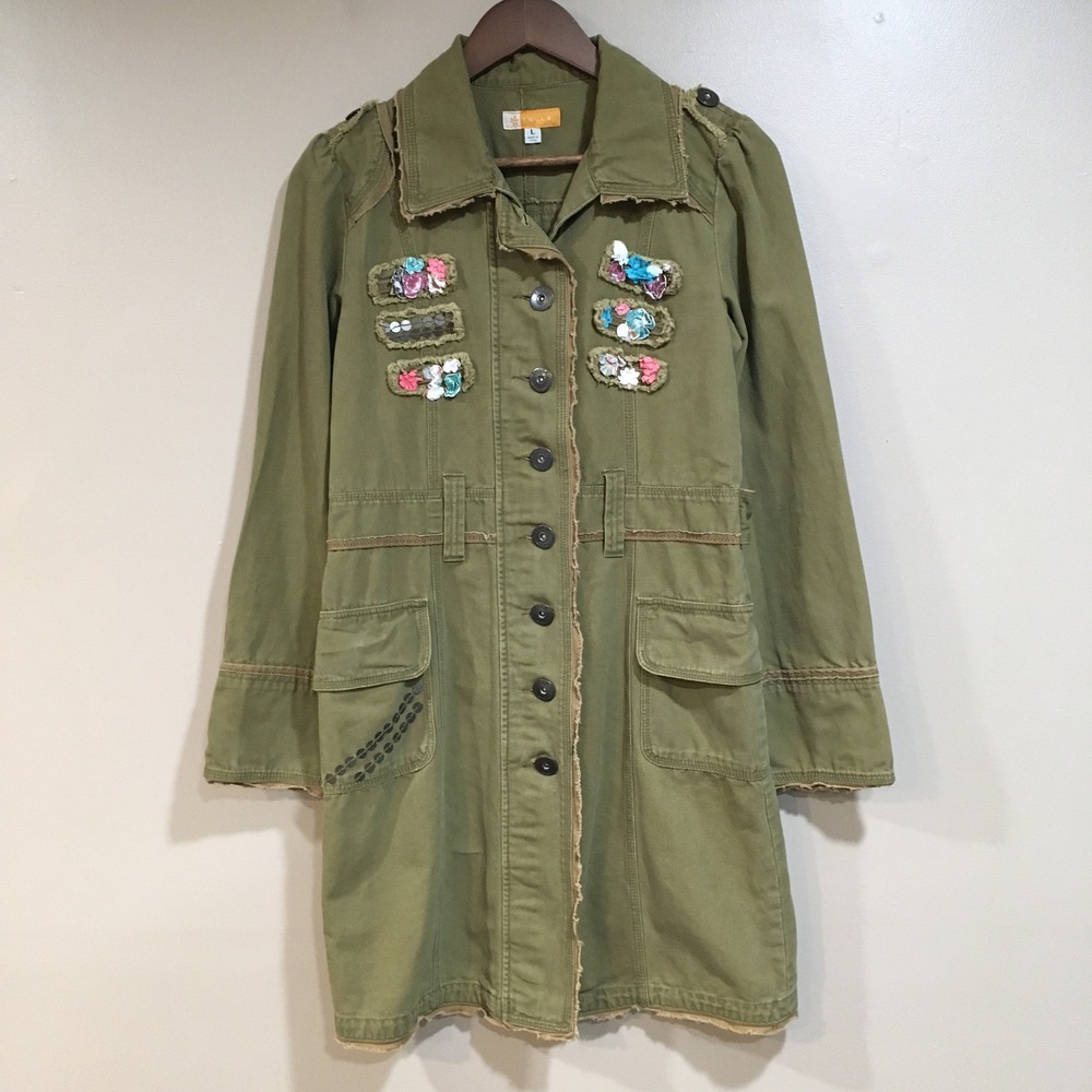 Tulle Long Military Jacket Women L Olive Green Boho Forest Fairy Grunge Eclectic